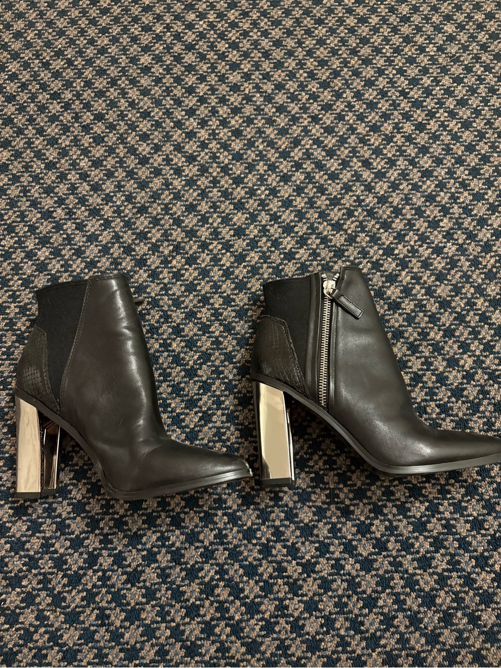 Aldo Black Leather Ankle Booties with Metallic Block Heel